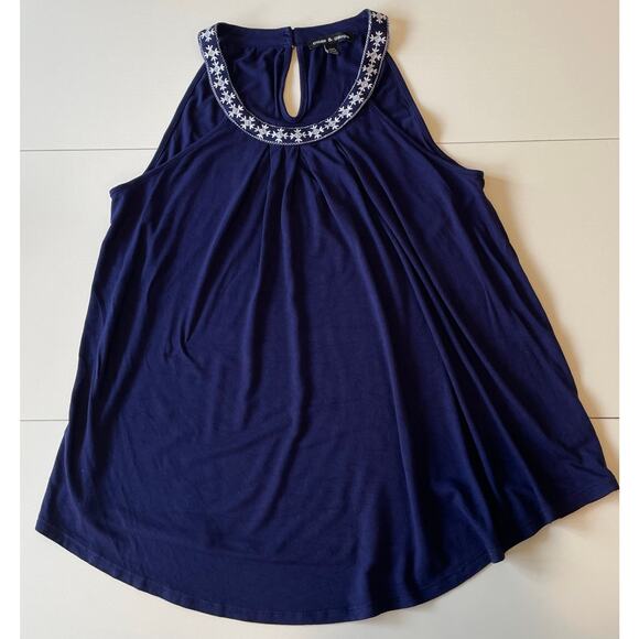 Cable & Gauge Embroidered Halter Top Navy White Keyhole Back Soft Sz M Stretchy - Picture 6 of 9